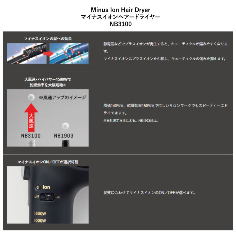 Nobby マイナスイオン ヘアー ドライヤー NB3100 ブラック／ホワイト　軽量 パワフル 大風圧 サロンワーク
