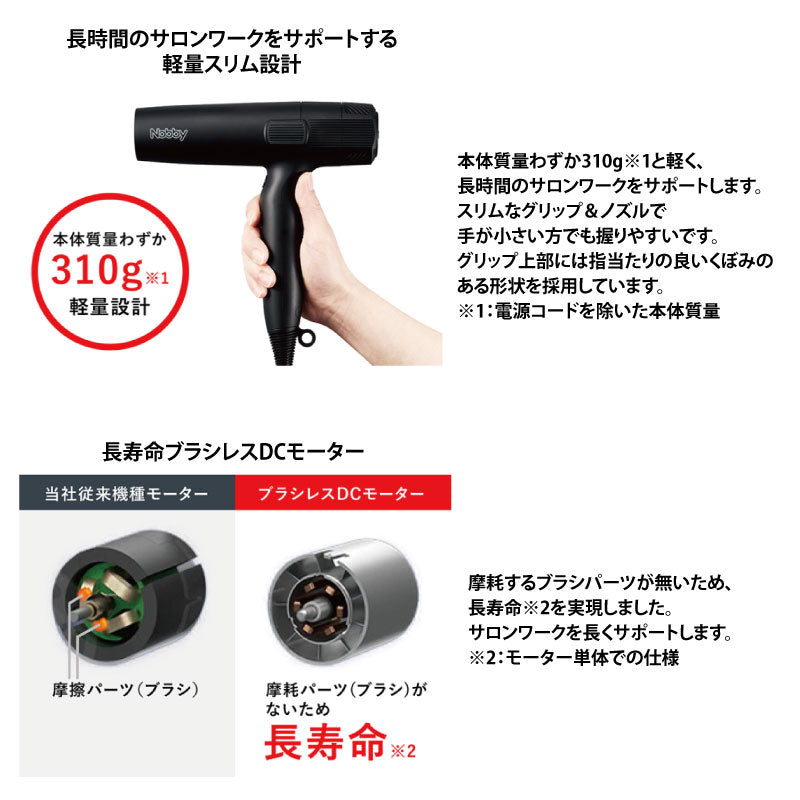 Nobby ノビー マイナスイオン ヘアー ドライヤー NB950 ブラック／ホワイト　軽量 パワフル 大風圧 サロンワーク 正規品 ６ヵ月保証
